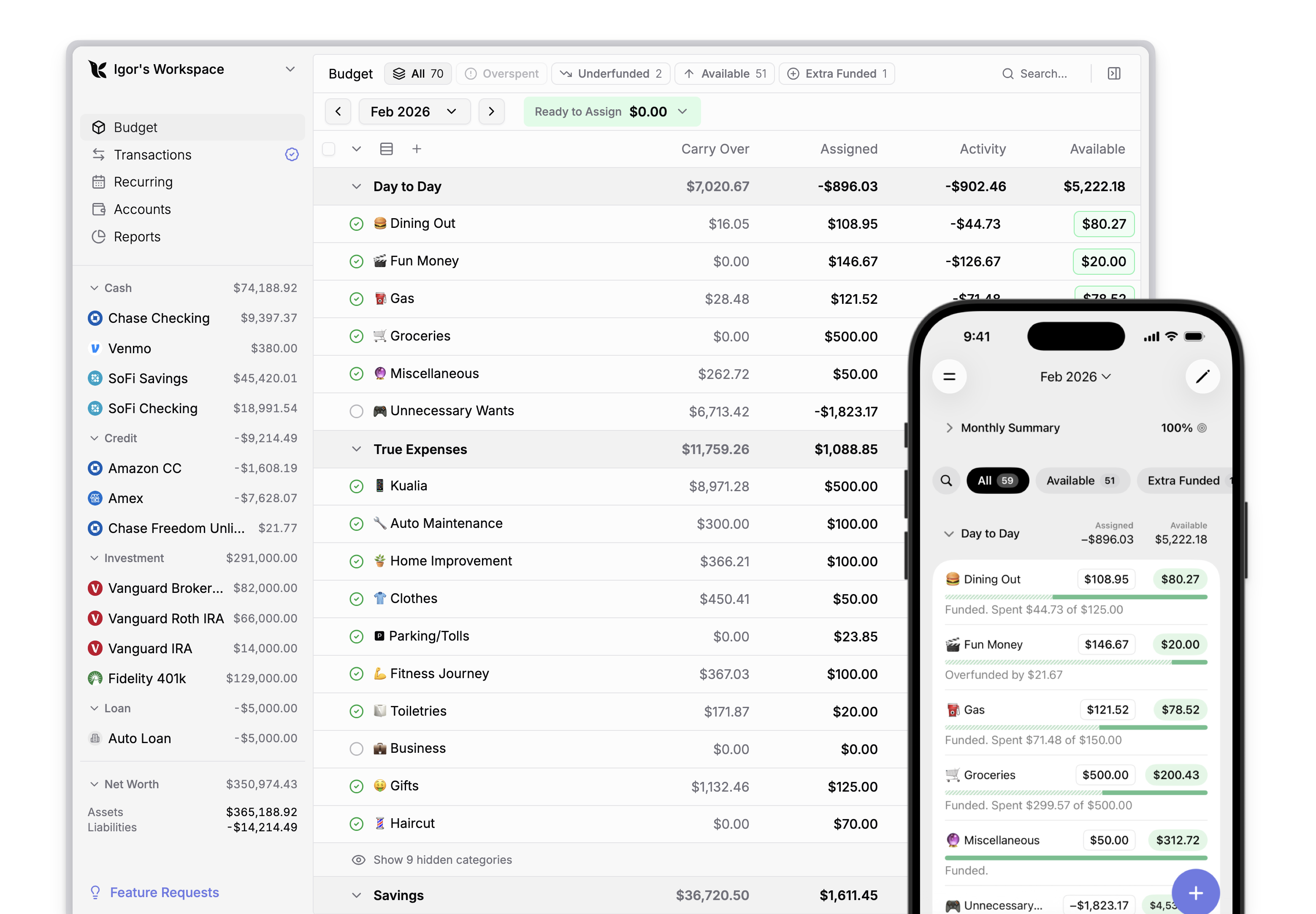 The Kualia budget on web and iPhone, showing envelopes for the month with assigned, activity, and available amounts.